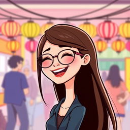 A cartoon vector illustration of a slim woman with a slightly Chinese appearance, featuring long, straight hair