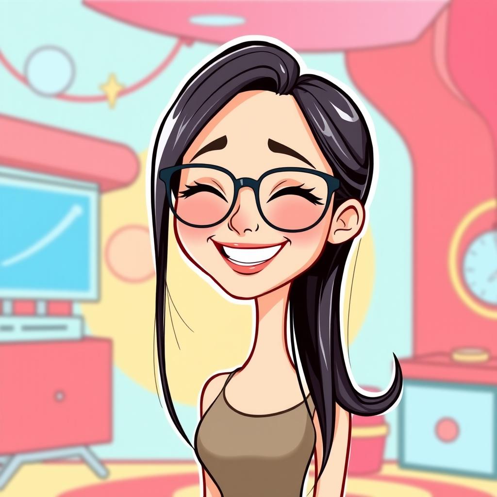 A cartoon vector illustration of a slim woman with a slightly Chinese appearance, characterized by long, really straight hair and stylish glasses