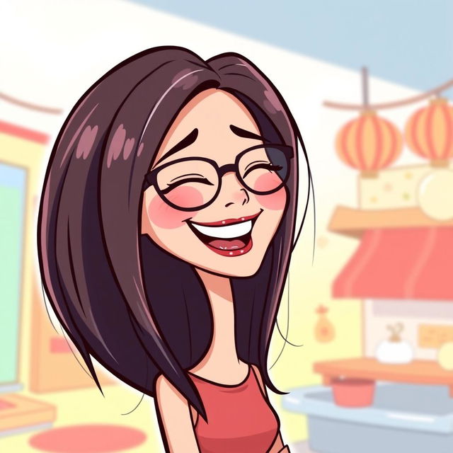 A cartoon vector illustration of a slim woman with a slightly Chinese appearance, characterized by long, really straight hair and stylish glasses
