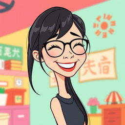 A cartoon vector illustration of a slim woman with a slightly Chinese appearance, characterized by long, really straight hair and stylish glasses