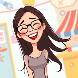 A cartoon vector illustration of a slim woman with a slightly Chinese appearance, characterized by long, really straight hair and stylish glasses