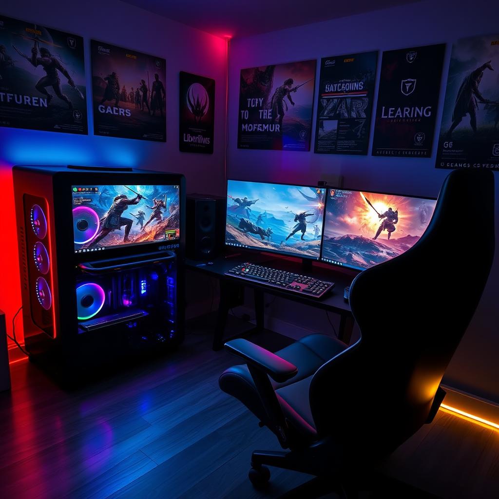 An immersive gaming setup featuring a sleek gaming PC with RGB lights, dual monitors displaying high-resolution game graphics, a high-tech gaming keyboard, and a comfortable gaming chair
