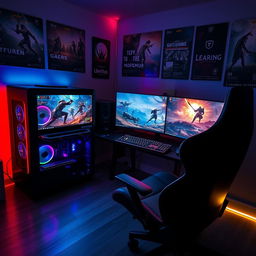 An immersive gaming setup featuring a sleek gaming PC with RGB lights, dual monitors displaying high-resolution game graphics, a high-tech gaming keyboard, and a comfortable gaming chair