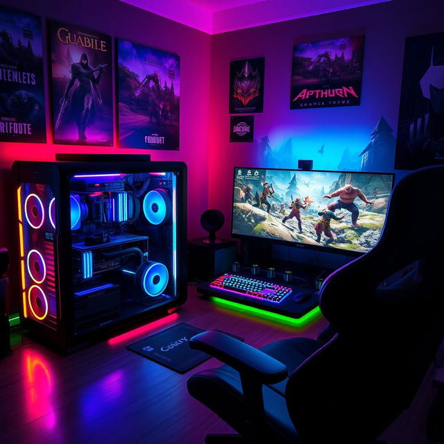 An immersive gaming setup featuring a sleek gaming PC with RGB lights, dual monitors displaying high-resolution game graphics, a high-tech gaming keyboard, and a comfortable gaming chair