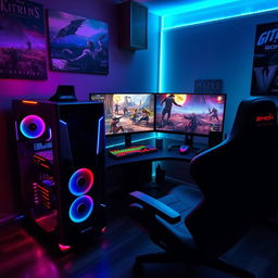 An immersive gaming setup featuring a sleek gaming PC with RGB lights, dual monitors displaying high-resolution game graphics, a high-tech gaming keyboard, and a comfortable gaming chair