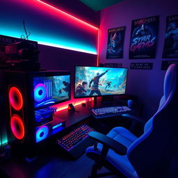 An immersive gaming setup featuring a sleek gaming PC with RGB lights, dual monitors displaying high-resolution game graphics, a high-tech gaming keyboard, and a comfortable gaming chair