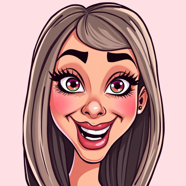 A cartoon vector illustration of a woman's face in a weird and exaggerated expression, showcasing body goals with long, straight hair styled in a slightly wavy manner