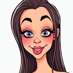 A cartoon vector illustration of a woman's face in a weird and exaggerated expression, showcasing body goals with long, straight hair styled in a slightly wavy manner