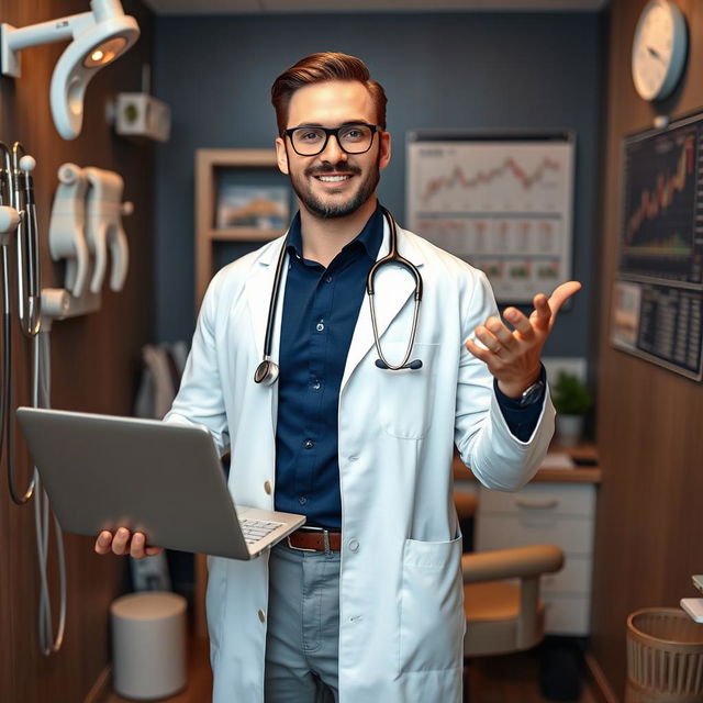 A unique portrait of a forex trader who is also a dentist, standing confidently in an office that blends elements of both professions