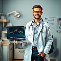 A unique portrait of a forex trader who is also a dentist, standing confidently in an office that blends elements of both professions