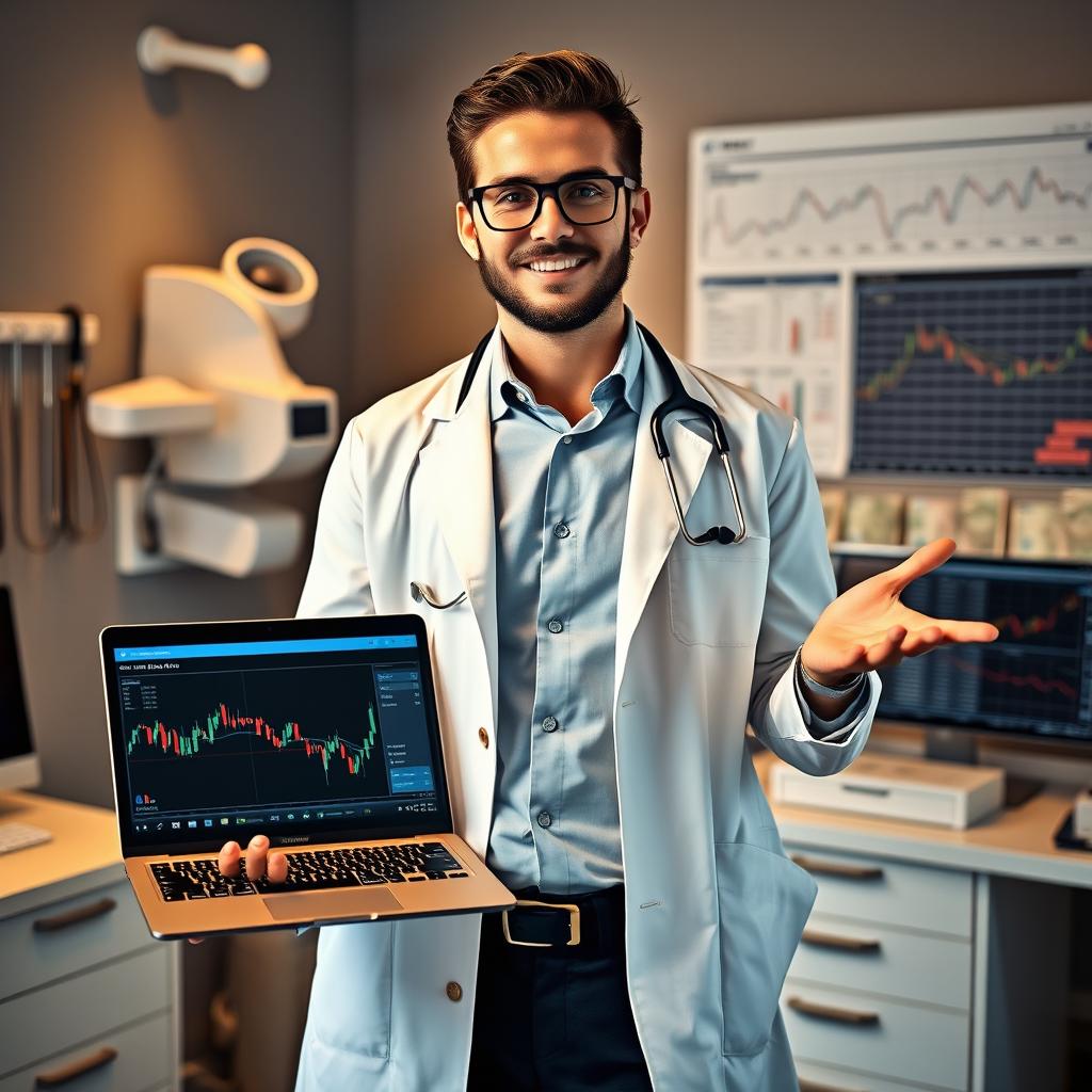 A unique portrait of a forex trader who is also a dentist, standing confidently in an office that blends elements of both professions