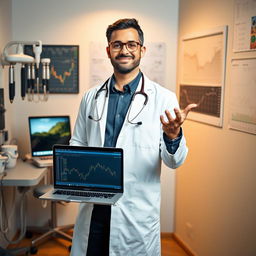 A unique portrait of a forex trader who is also a dentist, standing confidently in an office that blends elements of both professions