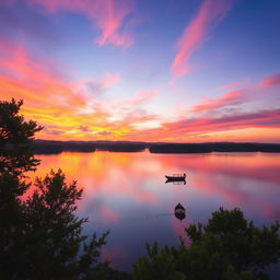 A stunning landscape at sunset, featuring vibrant hues of orange, pink, and purple in the sky reflecting on a serene lake
