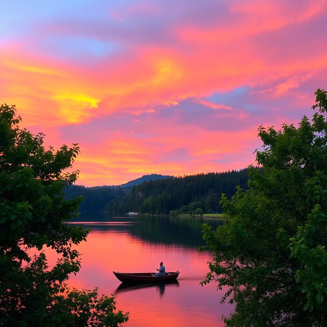 A stunning landscape at sunset, featuring vibrant hues of orange, pink, and purple in the sky reflecting on a serene lake