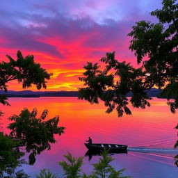 A stunning landscape at sunset, featuring vibrant hues of orange, pink, and purple in the sky reflecting on a serene lake