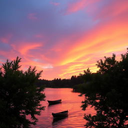 A stunning landscape at sunset, featuring vibrant hues of orange, pink, and purple in the sky reflecting on a serene lake