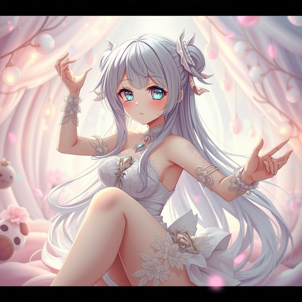 A visually stunning depiction of a cute, alluring anime waifu posing playfully in a whimsical, dream-like environment