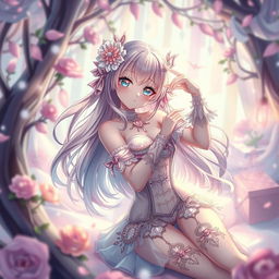 A visually stunning depiction of a cute, alluring anime waifu posing playfully in a whimsical, dream-like environment