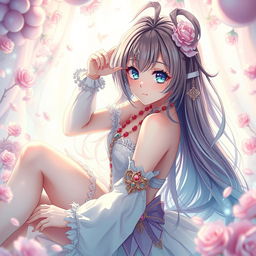 A visually stunning depiction of a cute, alluring anime waifu posing playfully in a whimsical, dream-like environment