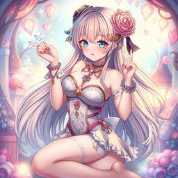 A visually stunning depiction of a cute, alluring anime waifu posing playfully in a whimsical, dream-like environment