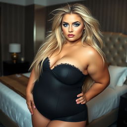 A full length, head to toe photograph of a beautiful, plump 18-year-old woman with thick, long, messy dirty blond hair flowing gracefully