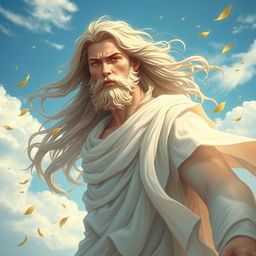 An ethereal depiction of Zephyros, the Greek god of the west wind, surrounded by gentle breezes and flowing clouds