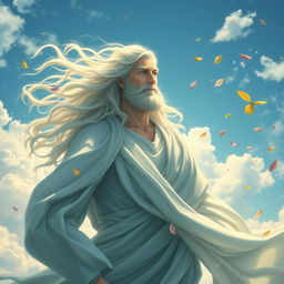 An ethereal depiction of Zephyros, the Greek god of the west wind, surrounded by gentle breezes and flowing clouds