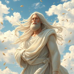 An ethereal depiction of Zephyros, the Greek god of the west wind, surrounded by gentle breezes and flowing clouds