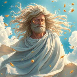 An ethereal depiction of Zephyros, the Greek god of the west wind, surrounded by gentle breezes and flowing clouds