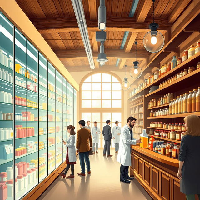 A beautifully detailed illustration showing a standard modern pharmacy transitioning into the First Historical Pharmacy
