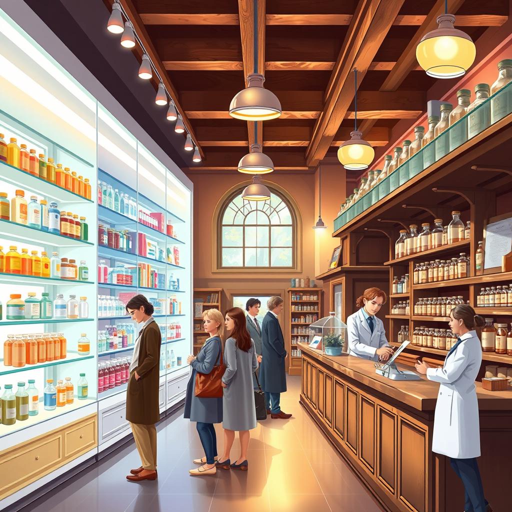 A beautifully detailed illustration showing a standard modern pharmacy transitioning into the First Historical Pharmacy