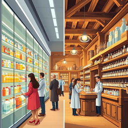 A beautifully detailed illustration showing a standard modern pharmacy transitioning into the First Historical Pharmacy