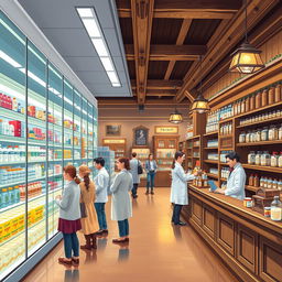 A beautifully detailed illustration showing a standard modern pharmacy transitioning into the First Historical Pharmacy
