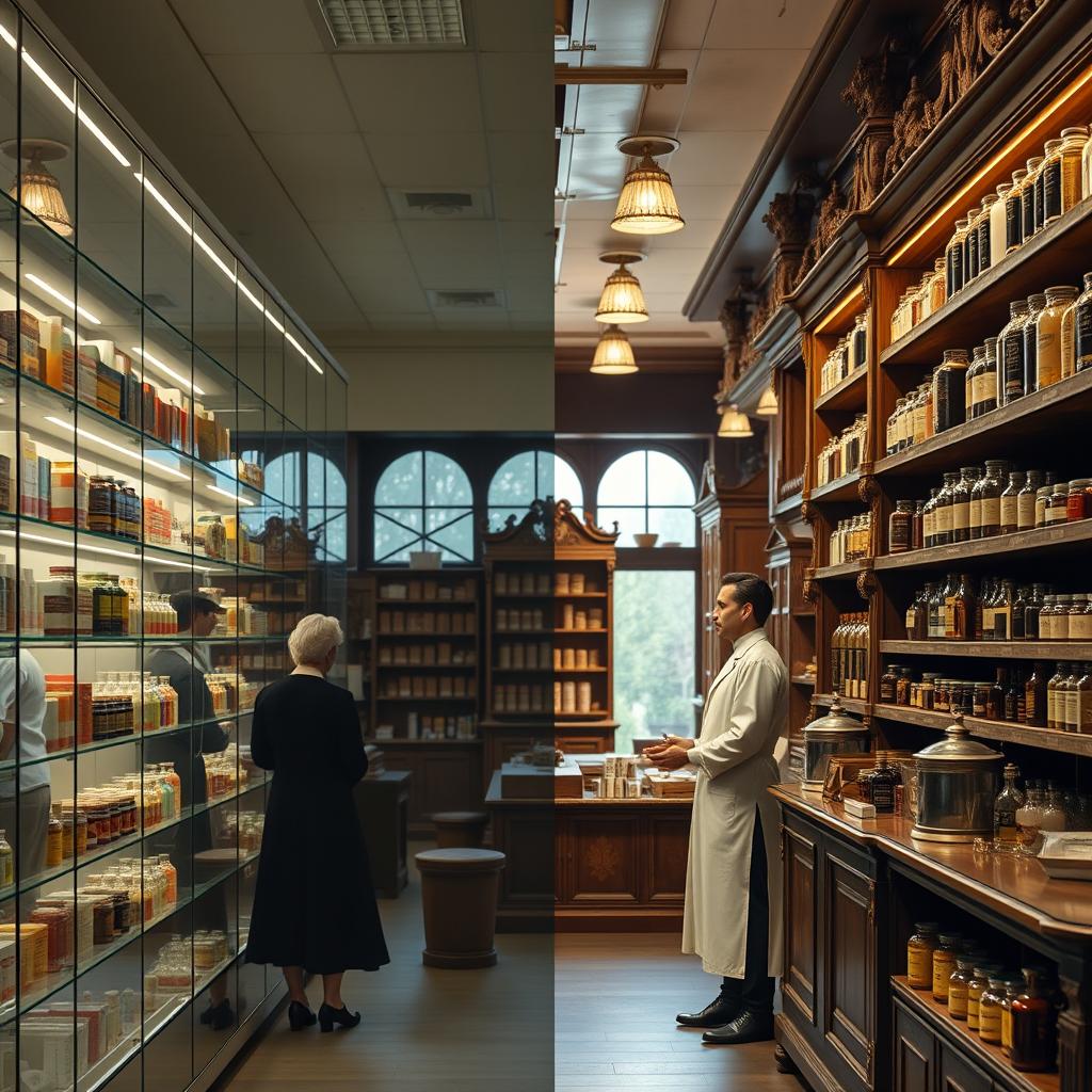 A realistic cinematic frame depicting a beautifully standard modern pharmacy transforming into the First Historical Pharmacy