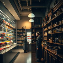 A realistic cinematic frame depicting a beautifully standard modern pharmacy transforming into the First Historical Pharmacy