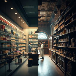 A realistic cinematic frame depicting a beautifully standard modern pharmacy transforming into the First Historical Pharmacy