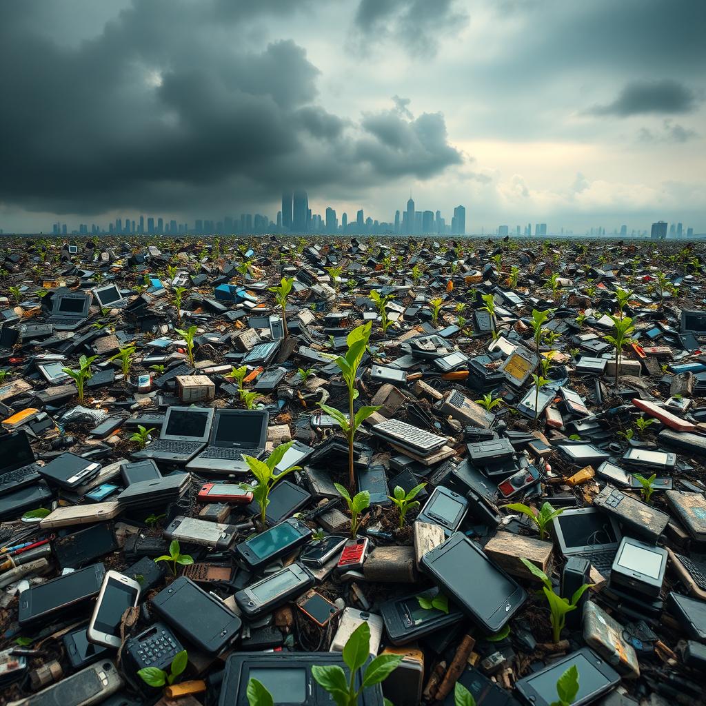A visually striking representation of the modern-day e-waste crisis, showcasing a vast landscape filled with discarded electronics like smartphones, laptops, and televisions, all in various states of decay