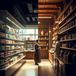 A realistic cinematic frame depicting a beautifully standard modern pharmacy transforming into the First Historical Pharmacy