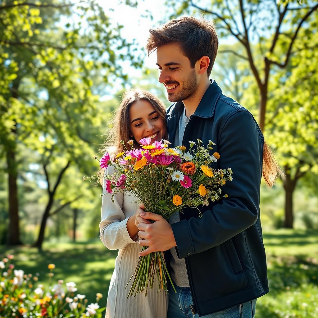 A romantic scene featuring a couple enjoying a cozy moment together in a picturesque park