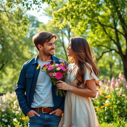 A romantic scene featuring a couple enjoying a cozy moment together in a picturesque park