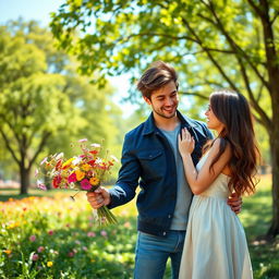 A romantic scene featuring a couple enjoying a cozy moment together in a picturesque park