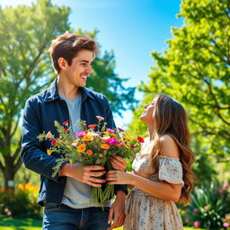 A romantic scene featuring a couple enjoying a cozy moment together in a picturesque park