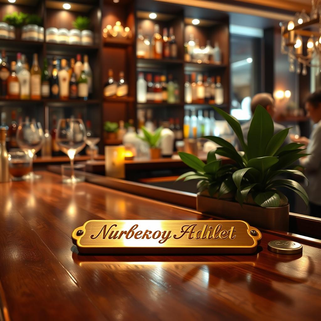 A sophisticated and elegant bar scene showcasing a beautifully designed wooden bar top, illuminated with soft, warm lighting