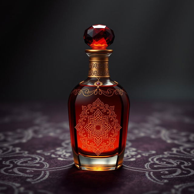 A beautifully designed classic oriental perfume bottle with intricate arabesque patterns and an elegant silhouette