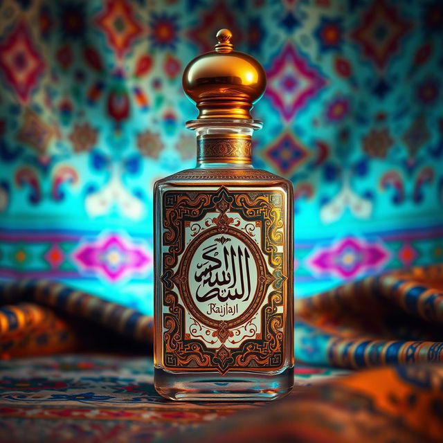 A classic Eastern-themed perfume bottle design richly reflecting Arab civilization, featuring intricate geometric patterns and luxurious ornamentation