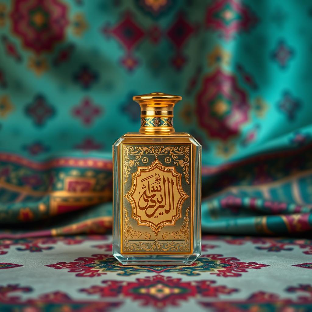 A classic Eastern-themed perfume bottle design richly reflecting Arab civilization, featuring intricate geometric patterns and luxurious ornamentation