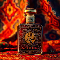 A classic Eastern-themed perfume bottle design richly reflecting Arab civilization, featuring intricate geometric patterns and luxurious ornamentation