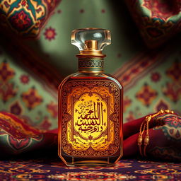 A classic Eastern-themed perfume bottle design richly reflecting Arab civilization, featuring intricate geometric patterns and luxurious ornamentation