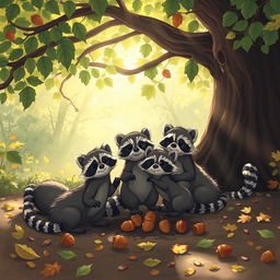 A whimsical scene featuring adorable raccoons gathered playfully under a large, leafy tree