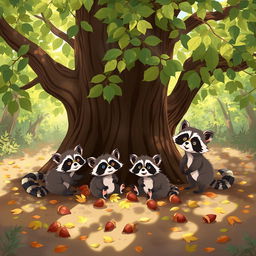A whimsical scene featuring adorable raccoons gathered playfully under a large, leafy tree